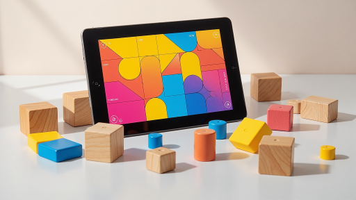 休闲益智游戏界面截图，拼图游戏，彩色方块，现代化游戏设计，明亮自然光